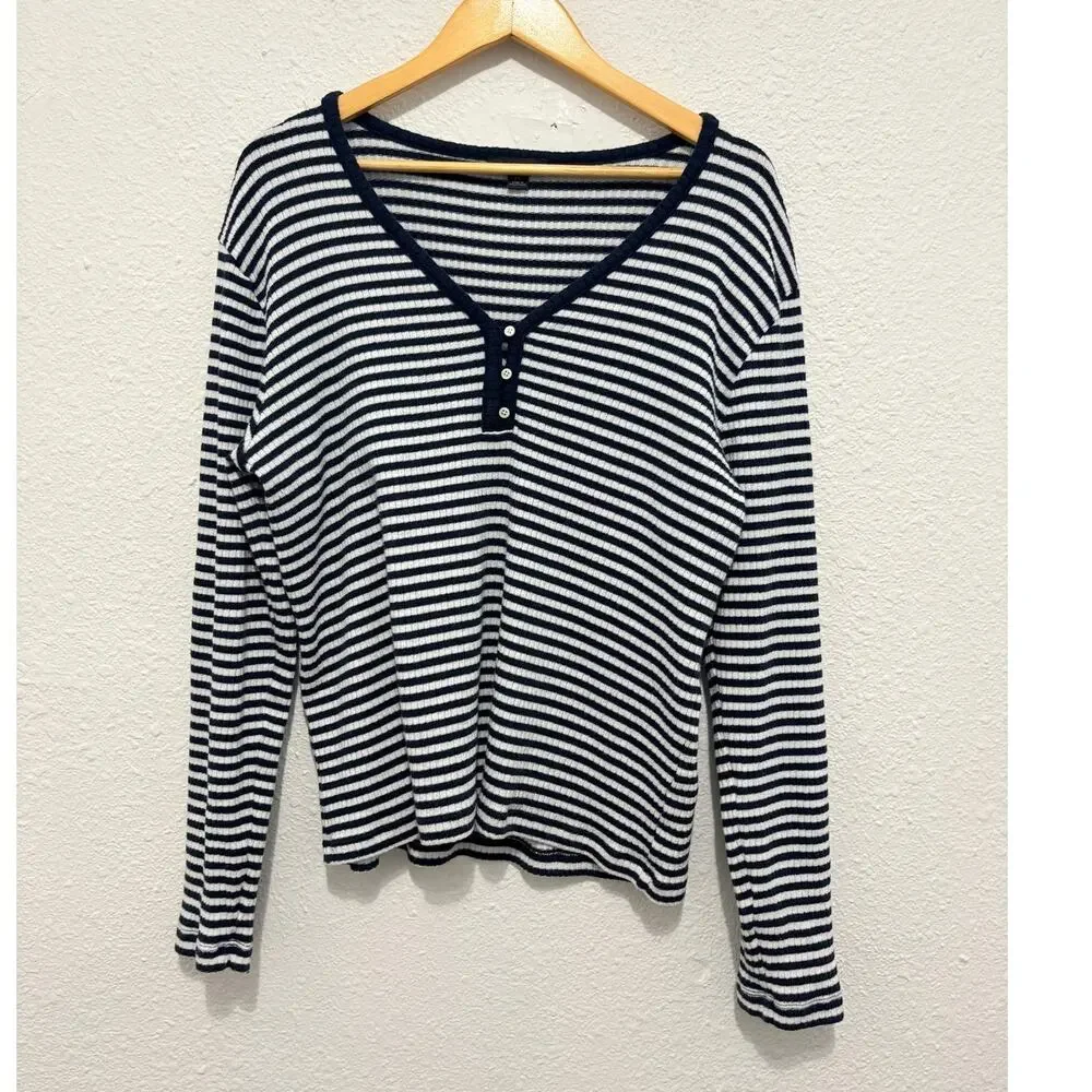 J. Crew Striped Henley Minimalist Coastal Summer Preppy Blue White